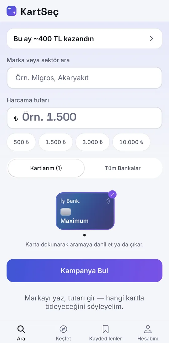 KartSeç Arama ekranı