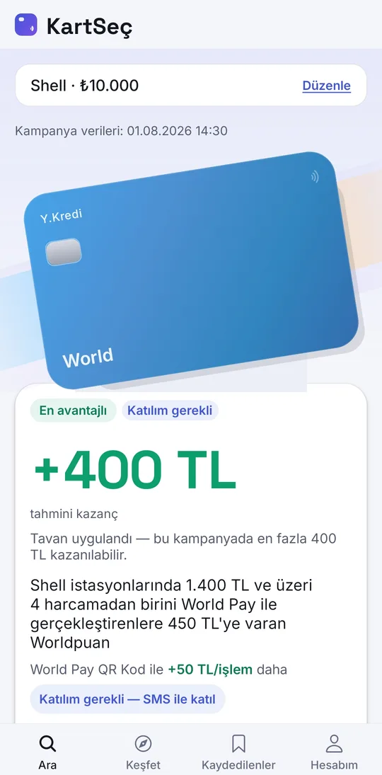 KartSeç Sonuç ekranı